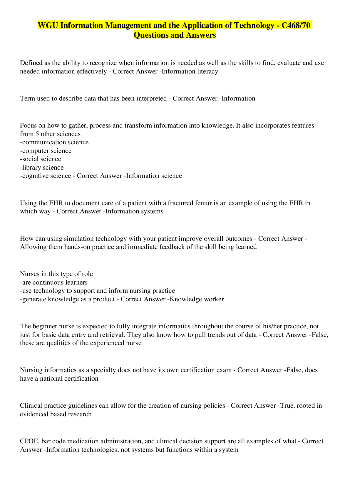 Preview image for WGU Information Management and the Application of Technology - C468/70 Questions and Answers